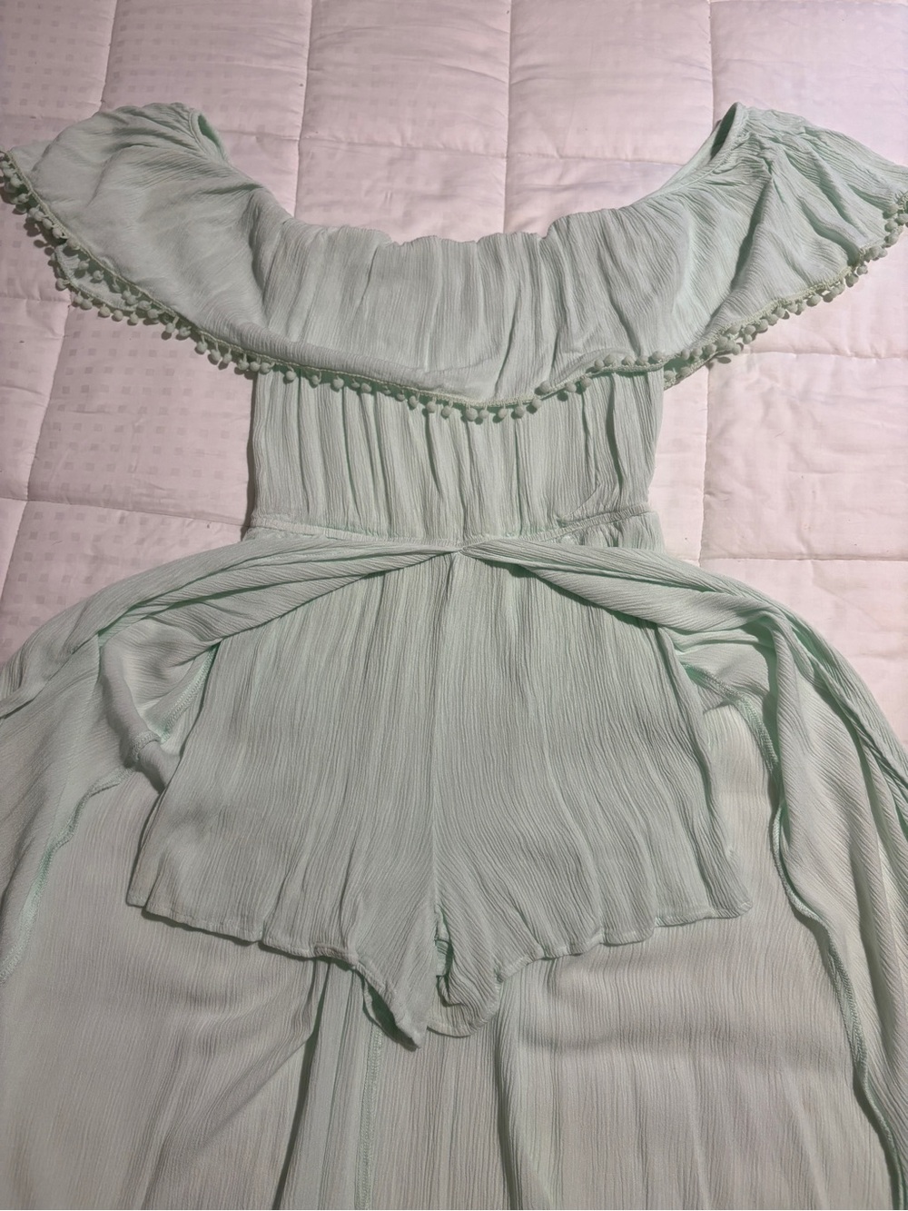 Off-Shoulder Mint Green Romper with Pom Trim